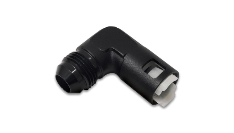 Vibrant 90 Degree Aluminum AN to Female Quick Connect fitting with -6AN size and 0.3125-inch hose connection, for high-performance automotive use.