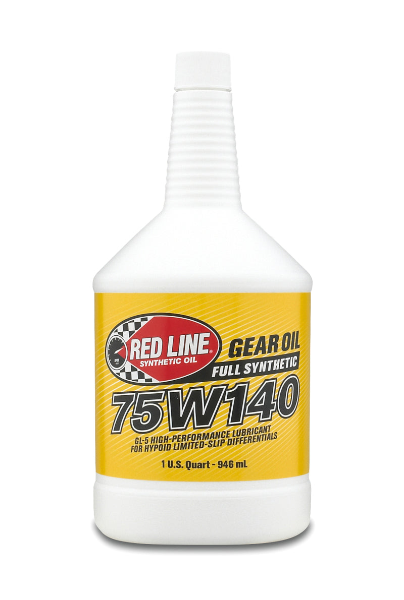 Red Line 75W140 gear oil quart container, high-performance gear oil for transmissions and differentials, durable and synthetic.
