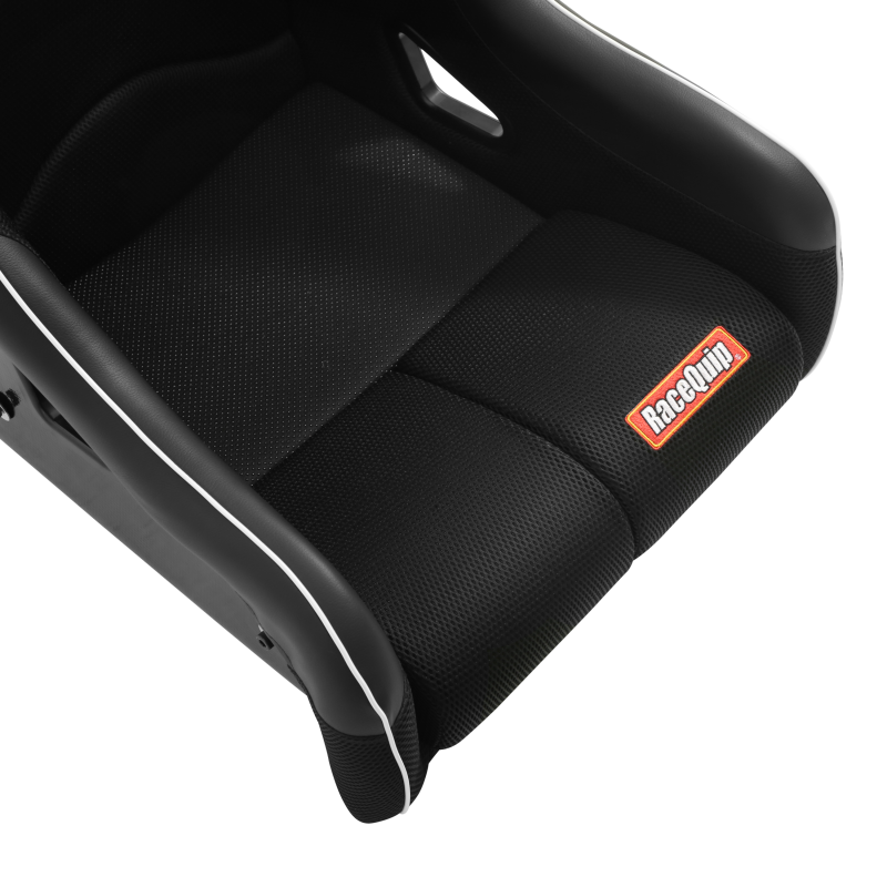 RaceQuip FIA containment racing seat in large size, black with side bolsters and harness openings for high-performance motorsport safety.