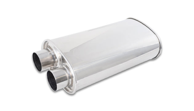 Vibrant Streetpower oval muffler with 2.50-inch inlet and outlet, showcasing its sleek, performance-oriented design.