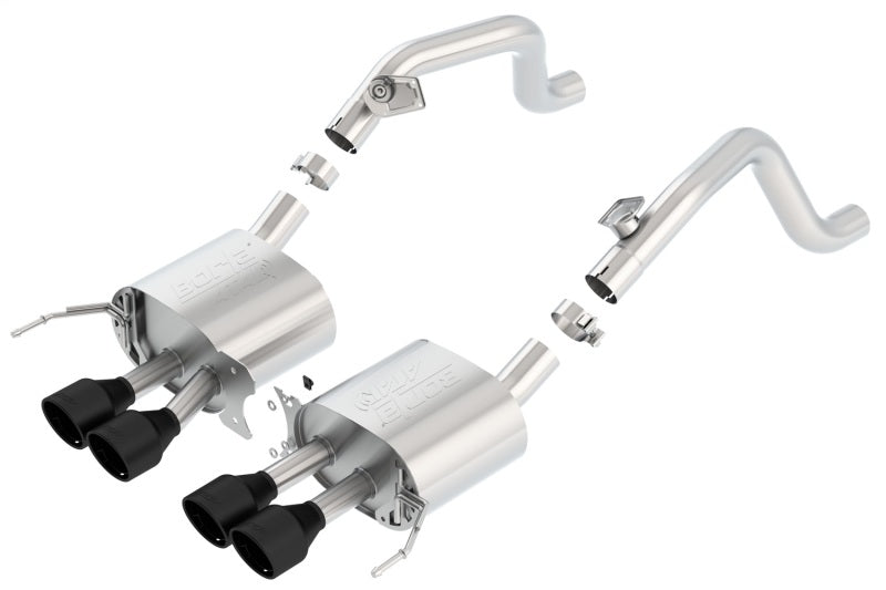 Borla axle-back exhaust system for 2014-2018 C7 Corvette Stingray with dual 2-inch outlets and 4.25-inch tips, polished stainless steel.