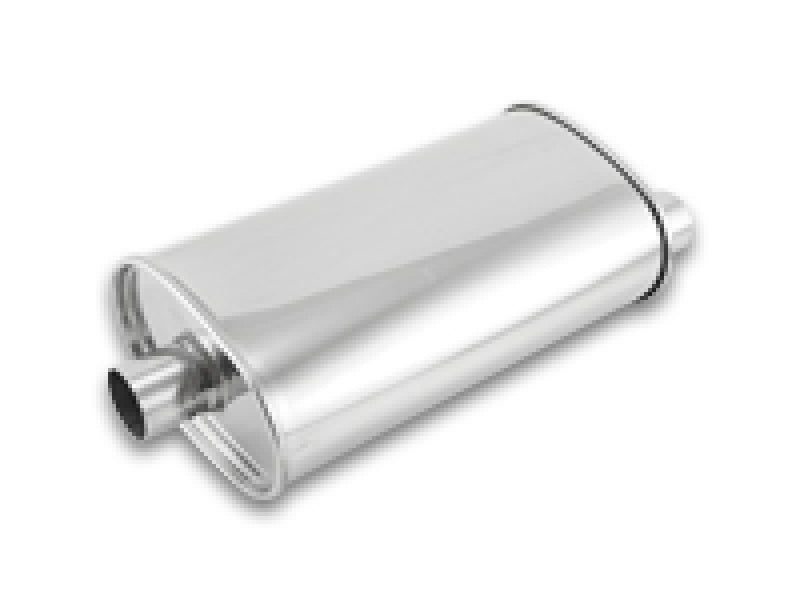 Vibrant StreetPower Oval Muffler with 2-inch inlet and dual outlets, center inlet and offset outlets, black finish.