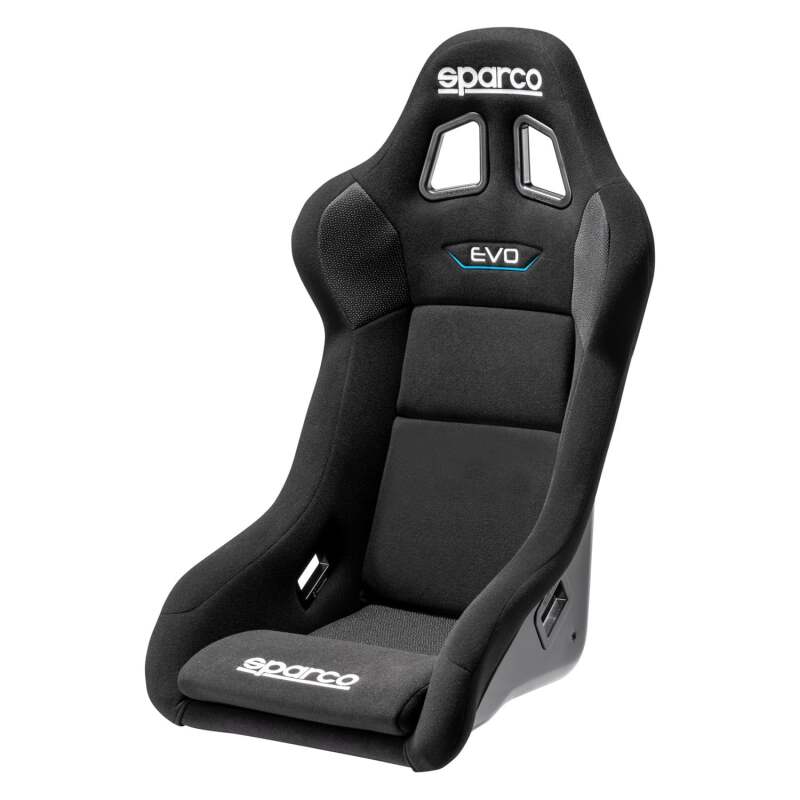 Black Sparco Evo QRT race seat with racing harness and supportive bucket design for high-performance driving.
