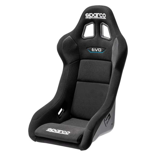 Black Sparco Evo QRT race seat with racing harness and supportive bucket design for high-performance driving.