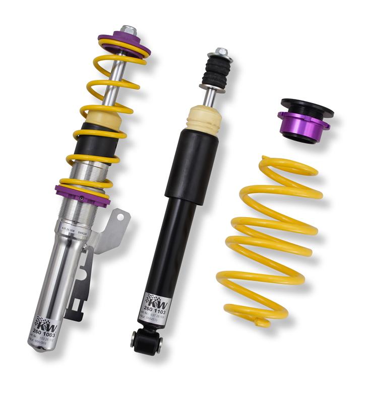 KW Coilover Kit V1 for 2010+ Chevrolet Camaro, featuring adjustable coilovers with springs and shock absorbers installed on a vehicle.