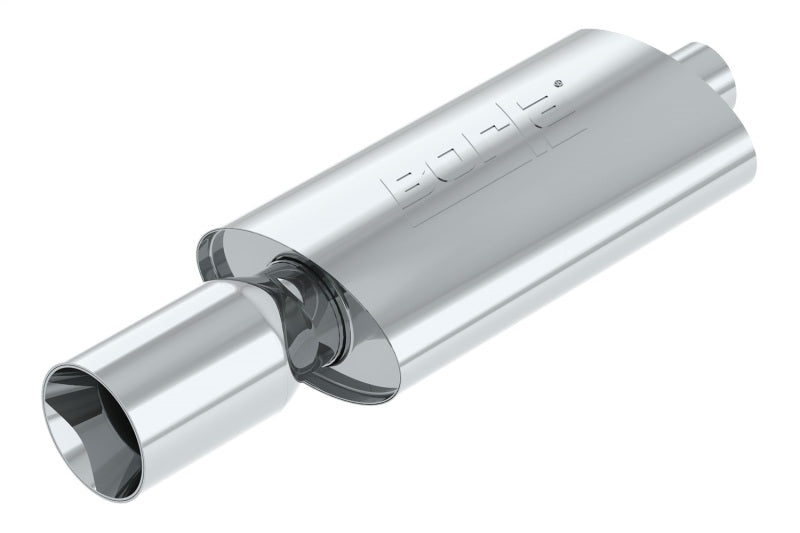 Borla Boomer Muffler Thumper Oval 2-1/4 inch inlet with 4-inch round side outlet, designed for enhanced exhaust sound and performance.