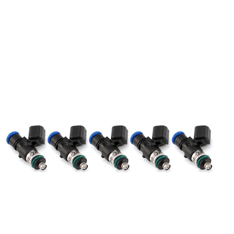 Set of five Injector Dynamics ID1300 USCAR fuel injectors with 34mm length, 14mm top and lower O-rings, for automotive performance.