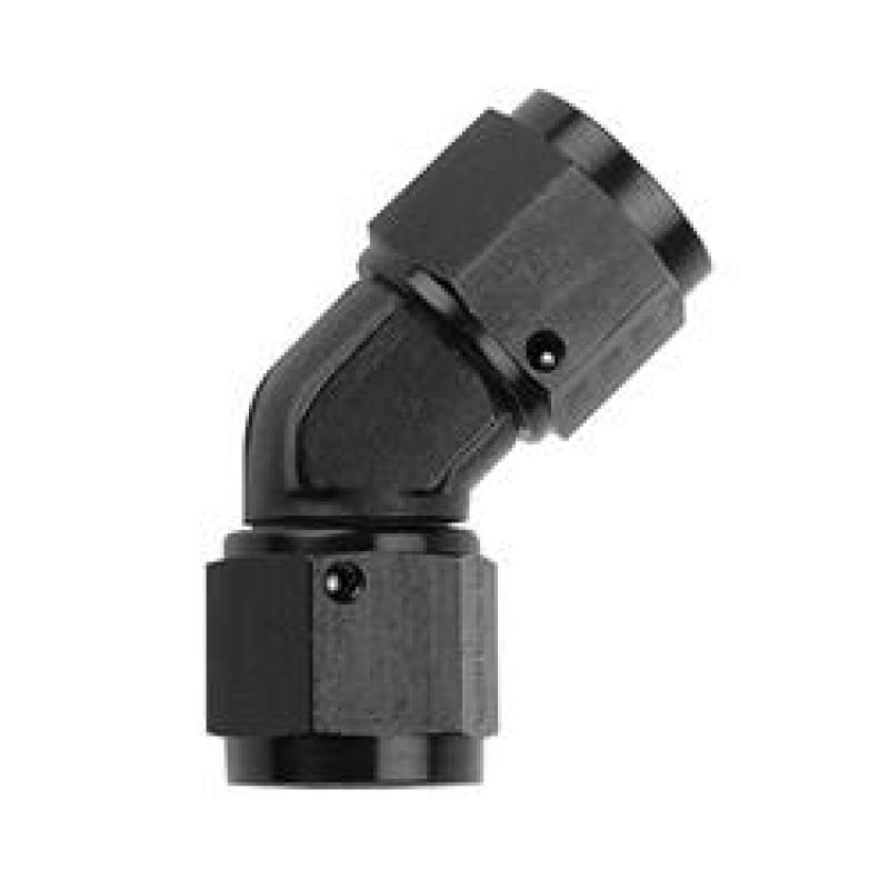 Fragola -6AN black 45-degree female coupler fitting, used for high-performance automotive and racing fluid connections.