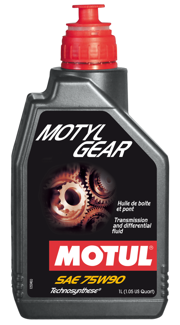 Motul 1L MOTYLGEAR 75W90 gear oil bottle, technosynthese transmission lubricant with API GL-5 and MIL-L-2105D standards.