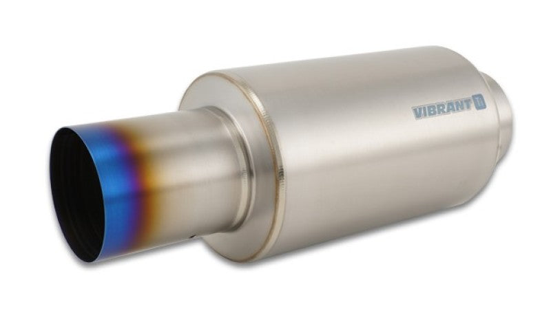 Vibrant titanium muffler with straight cut burnt tip, 4-inch inlet and outlet, showcasing sleek exhaust system component.