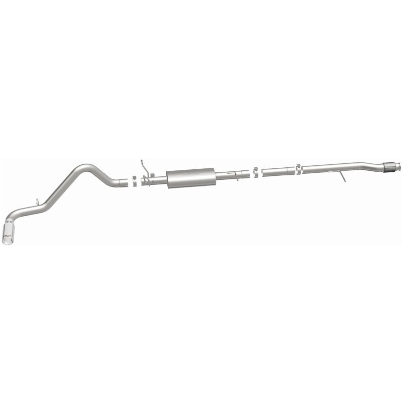 Magnaflow catback exhaust system for Chevy Silverado V8 5.3L, stainless steel, rear exit, single pipe, performance upgrade.