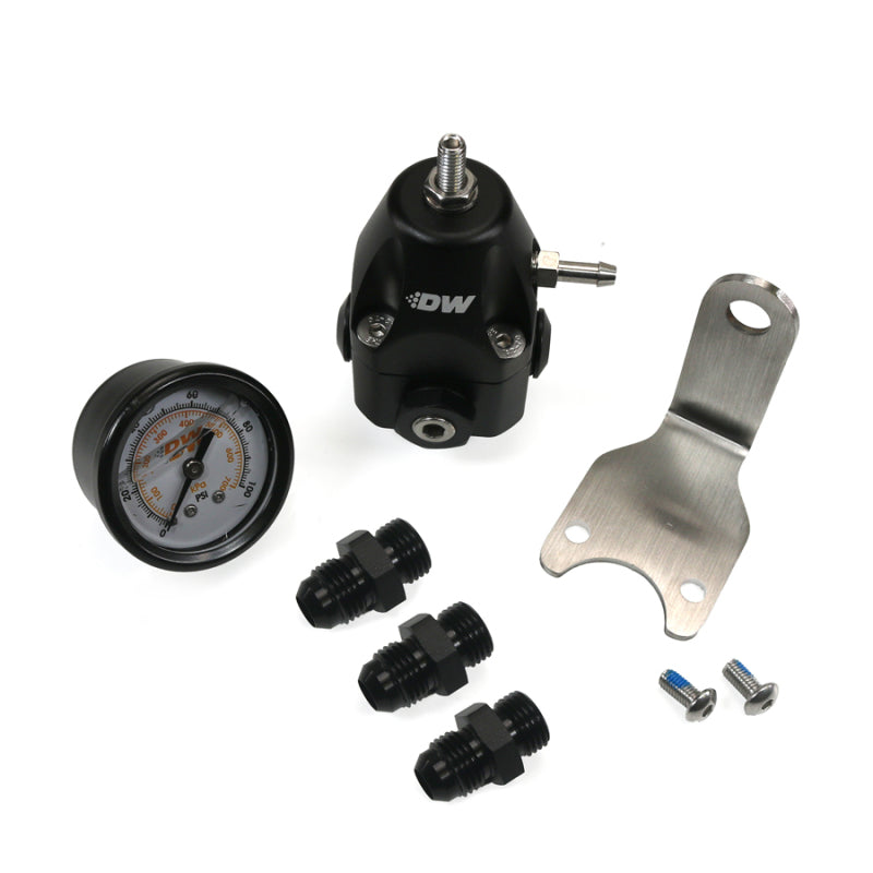 DeatschWerks DWR1000C fuel pressure regulator with pressure gauge and 6AN fittings in anodized black.