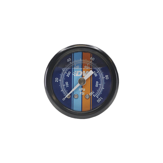 DeatschWerks mechanical fuel pressure gauge with 1.5-inch black housing and blue face, 0-100 PSI, 1/8in NPT connection.