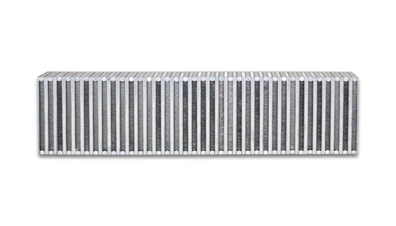 Vibrant vertical flow intercooler with 27-inch width, 6-inch height, and 4.5-inch thickness, showcasing its core and fin design