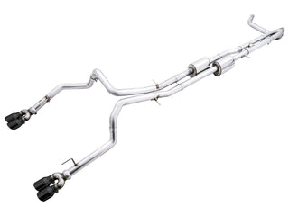 AWE Tuning catback exhaust system for 22-23 GMC Sierra 1500 AT4X 6.2L with split dual pipes and diamond black tips, flat bumper design
