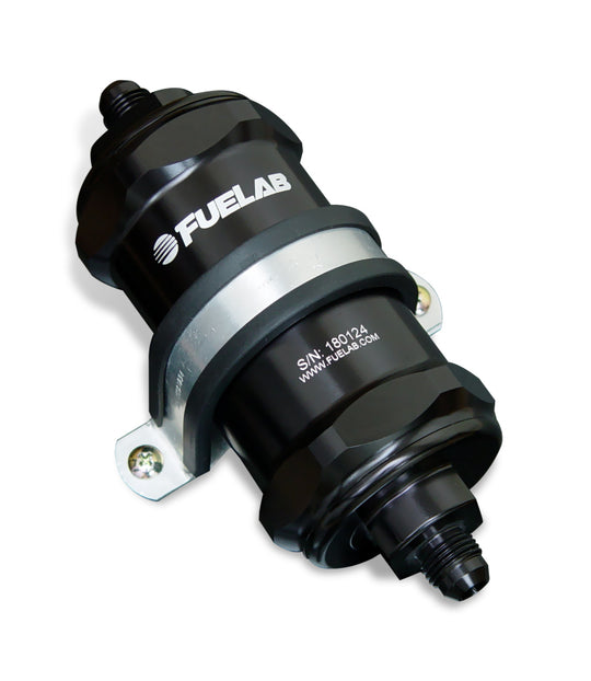 Fuelab 818 inline fuel filter with black stainless steel body, -6AN fittings, 100 micron filtration for fuel system protection.