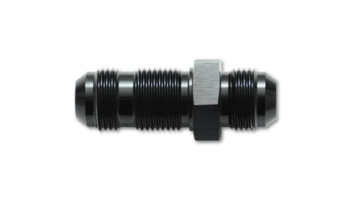 Vibrant aluminum -12AN flare straight bulkhead adapter fitting with threaded ends, designed for high-performance fluid connections.