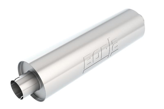 Borla heavy-duty truck muffler with 3-inch inlet and outlet, 24-inch length, notched round design, durable metal construction.