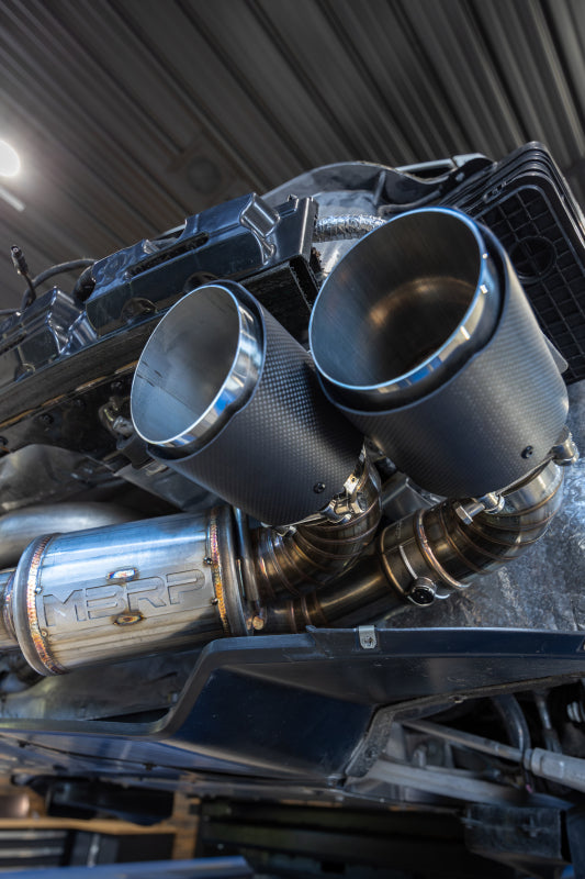MBRP 20-24 Chevrolet Corvette C8 catback exhaust with quad split rear exit and AFM sims, featuring polished stainless steel tips.