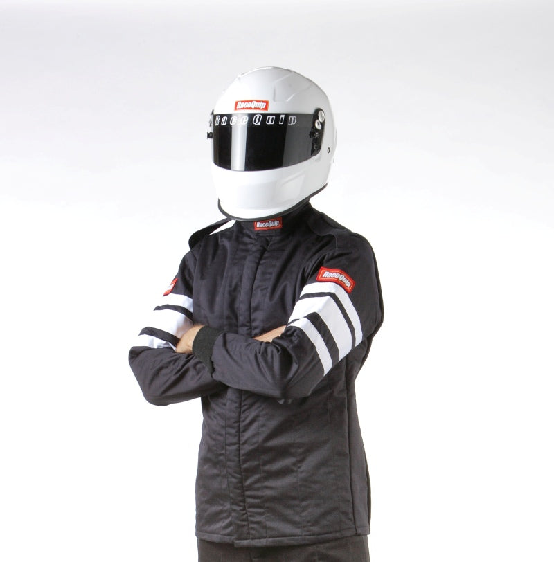 RaceQuip Black SFI-5 racing jacket in medium size, made of durable fire-resistant material, with zipper front and racing collar.