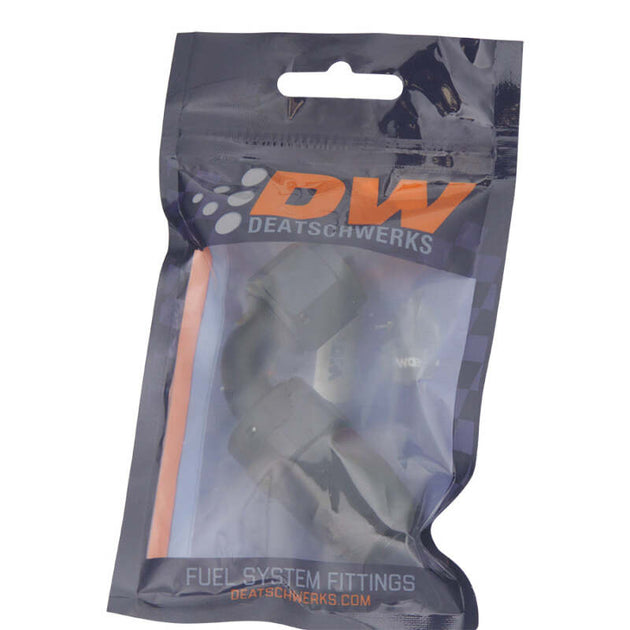 DeatschWerks 8AN female swivel 90-degree hose end fitting in anodized matte black, showcasing a durable metal construction and precise angles.
