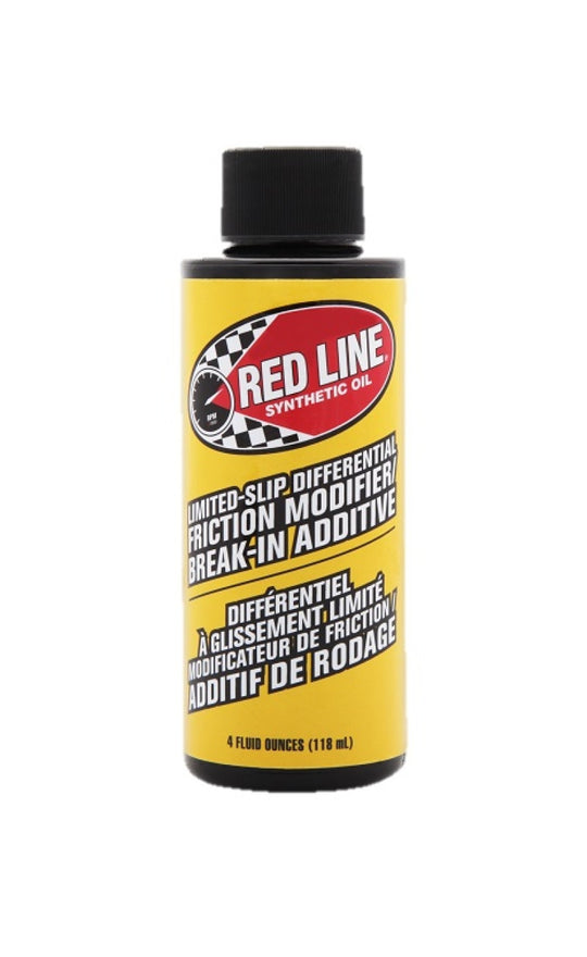Red Line Friction Modifier and Break-In Additive in a 4 oz bottle showing the product label and packaging.
