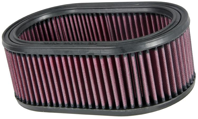 K&N Engineering oval drop-in air filter with black rubber frame and pleated fabric filter element, measuring 8-7/8 inches long.