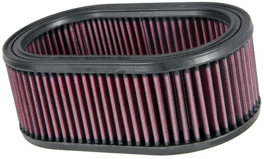 K&N Engineering oval drop-in air filter with black rubber frame and pleated fabric filter element, measuring 8-7/8 inches long.