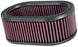 K&N Engineering oval drop-in air filter with black rubber frame and pleated fabric filter element, measuring 8-7/8 inches long.