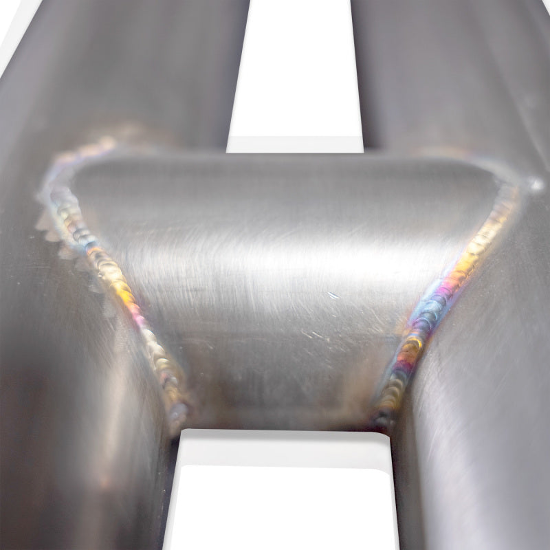Stainless Works 18-21 Mustang GT mid resonator delete H-pipe connecting pipes installed in a vehicle's exhaust system