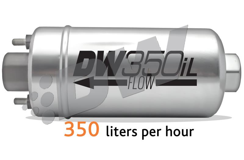 DeatschWerks 350 LPH DW350iL inline external fuel pump with wiring and fittings for automotive fuel system.