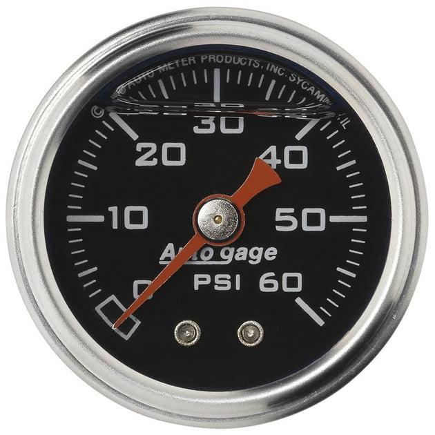 AutoMeter AutoGage 1.5-inch liquid-filled mechanical fuel pressure gauge in black, measuring 0-60 PSI.