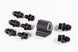 Radium Engineering 3 into 1 distribution block with fittings, metal manifold for fuel or oil line distribution, close-up view.