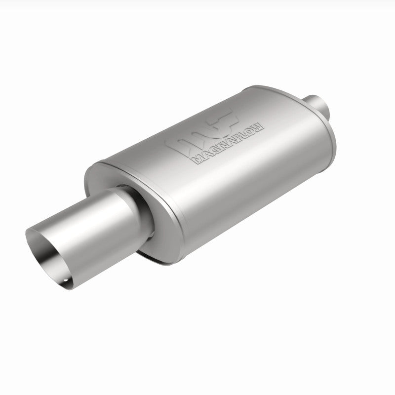 MagnaFlow stainless steel muffler with tip, 14x5x8 inches, featuring dual exhaust outlets and polished finish.