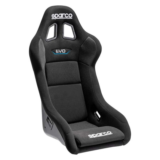 Black Sparco Evo QRT race seat with racing harness slots and supportive design, ideal for high-performance automotive racing.