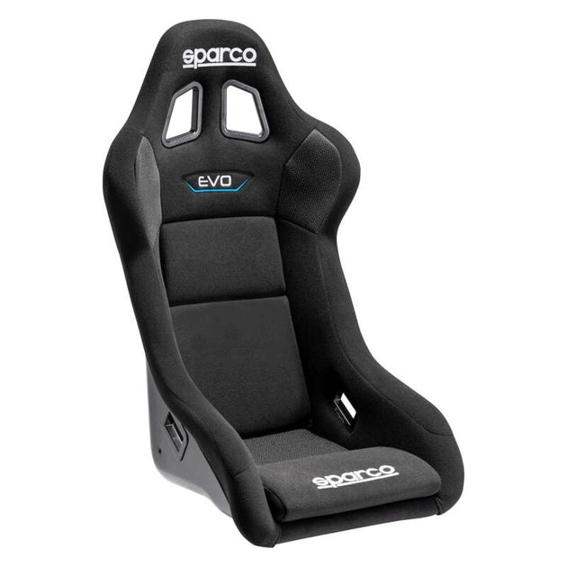 Black Sparco Evo QRT race seat with racing harness slots and supportive design, ideal for high-performance automotive racing.
