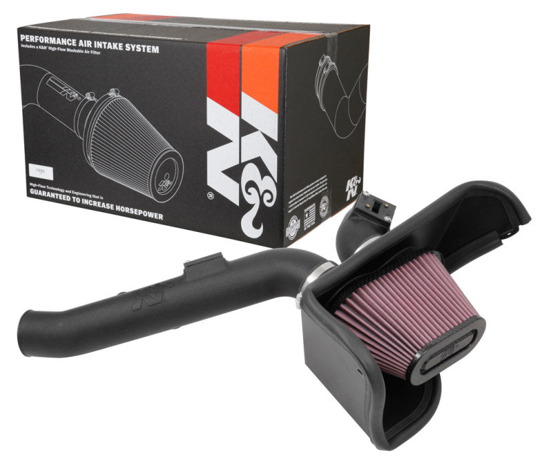 K&N Engineering cold air intake kit for 2016-2017 Cadillac ATS-V 3.6L V6 twin turbo engine, showing polished intake tubes and filters.
