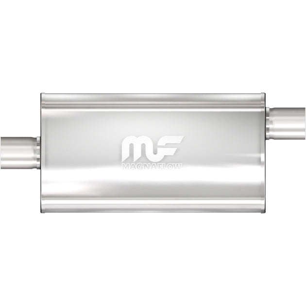 MagnaFlow Mag SS muffler with 22x5x11 dimensions and 2.5-inch O/C inlet/outlet, shown in a close-up view of the stainless steel muffler.