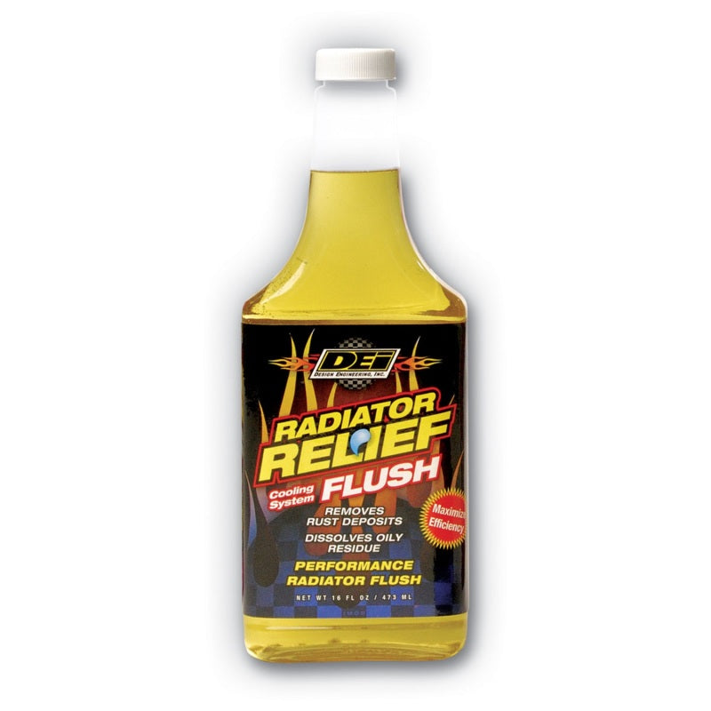 DEI Radiator Relief Flush coolant bottle, 16oz, used for radiator cleaning and coolant system maintenance.