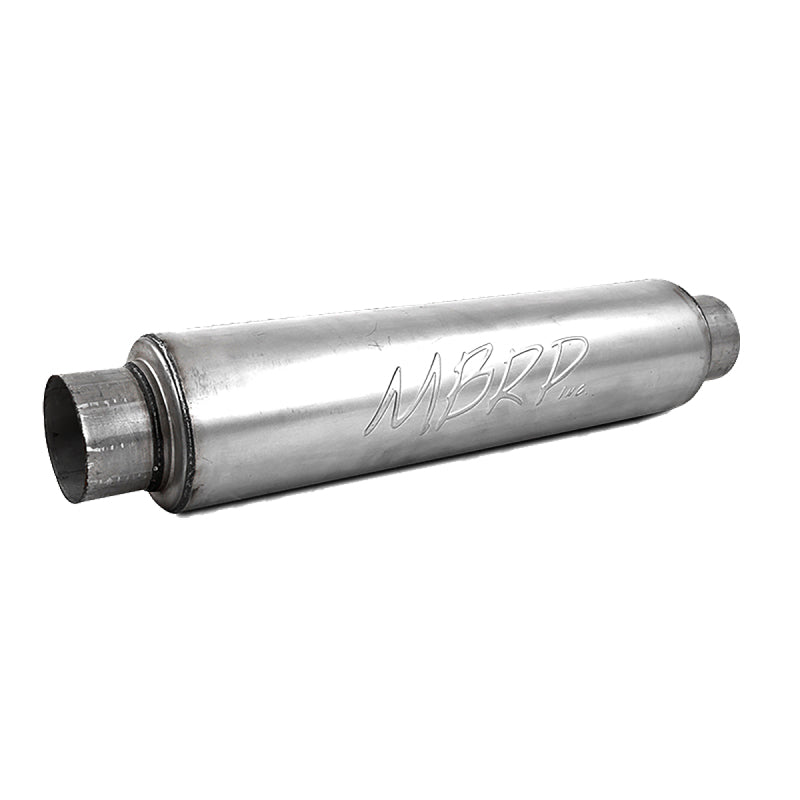 MBRP universal 30-inch high flow muffler for vehicle exhaust systems, featuring a sleek metal finish and durable construction.