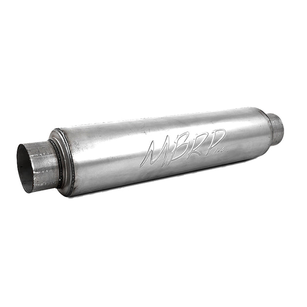 MBRP universal 30-inch high flow muffler for vehicle exhaust systems, featuring a sleek metal finish and durable construction.