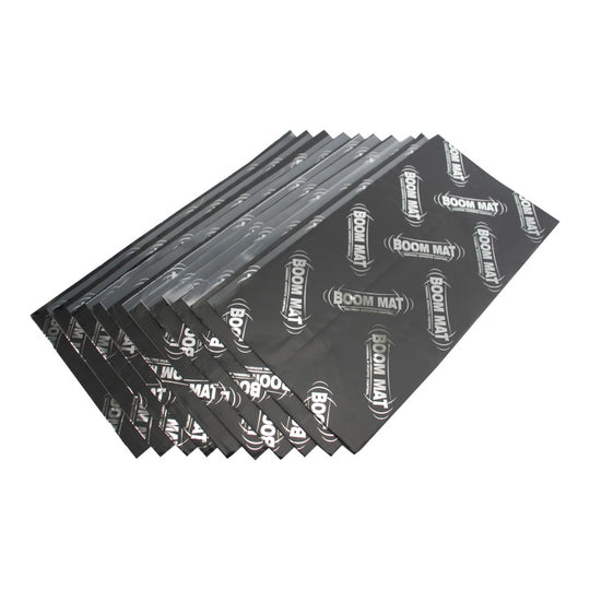DEI Boom Mat damping and thermal wrap, 12.5x24 inches, 2mm thick, shown in a stack of 10 sheets, used for sound and heat insulation.