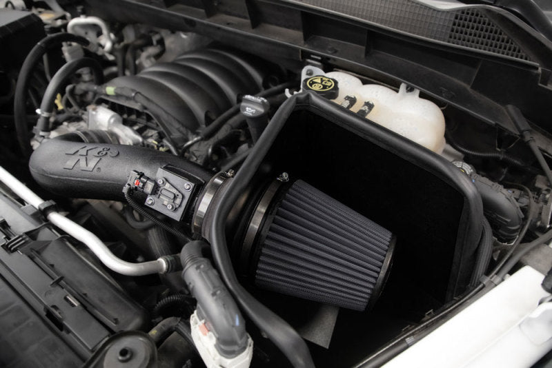 K&N Engineering cold air intake system for 2019+ Chevrolet Silverado 1500 V8 6.2L engine, showing the intake tube and filter.