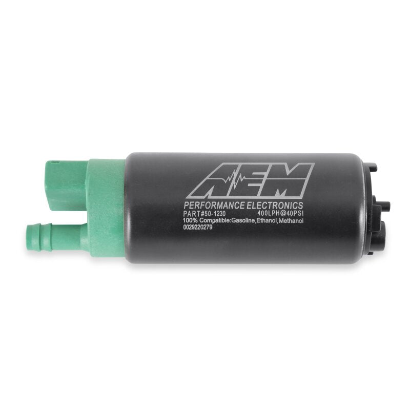 AEM 400 LPH high flow in-tank fuel pump kit with double barb fittings, ethanol compatible, for automotive fuel systems.