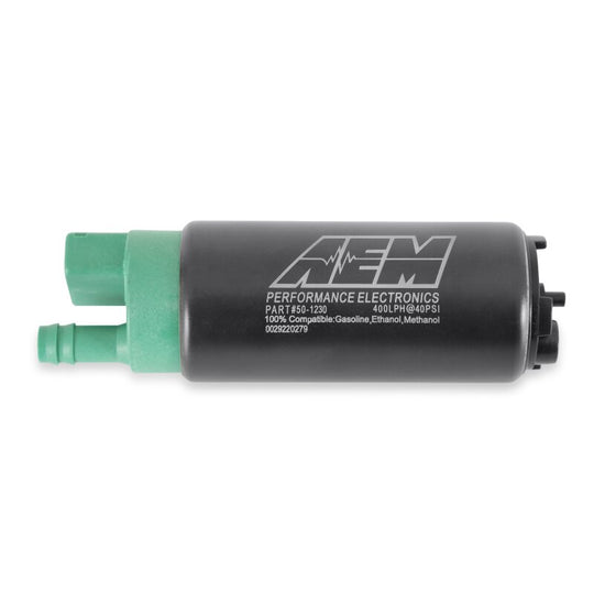 AEM 400 LPH high flow in-tank fuel pump kit with double barb fittings, ethanol compatible, for automotive fuel systems.