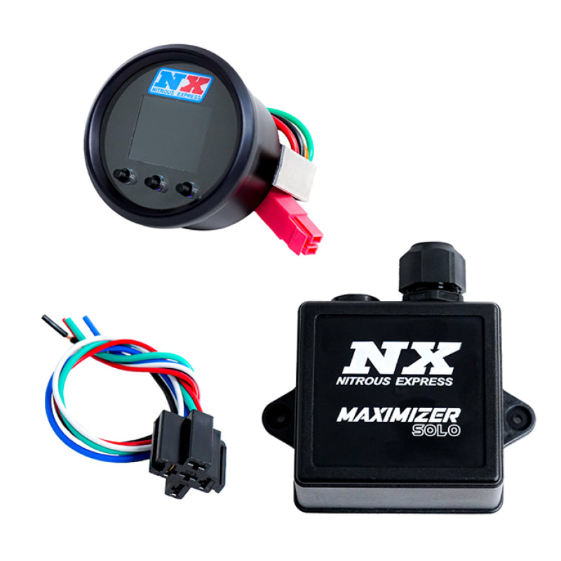 Nitrous Express Maximizer Solo Nitrous Progressive Controller with harness, module, and solenoid for automotive nitrous systems.