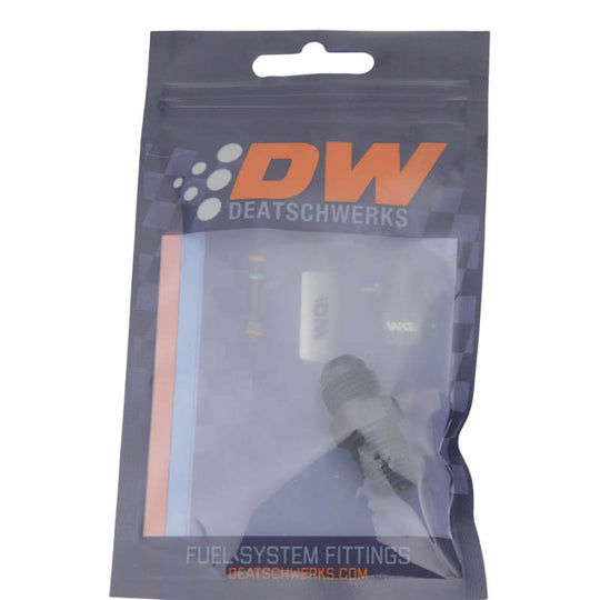 DeatschWerks 6AN male flare to 1/4 inch NPT fitting, matte black anodized, shown with detailed threading and smooth finish.