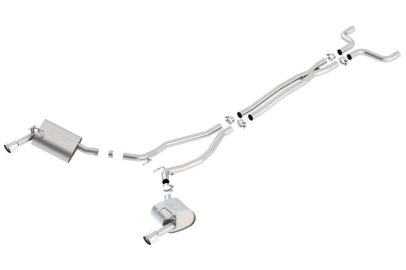 Borla 14-15 Camaro 3.6L V6 catback exhaust with single split rear exit, showcasing the chrome finish and exhaust tips.