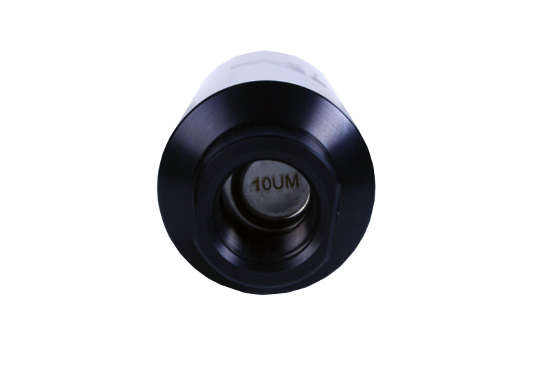 Aeromotive in-line fuel filter with AN-12 ORB fitting and 10 micron microglass element, showing the filter body and fittings.
