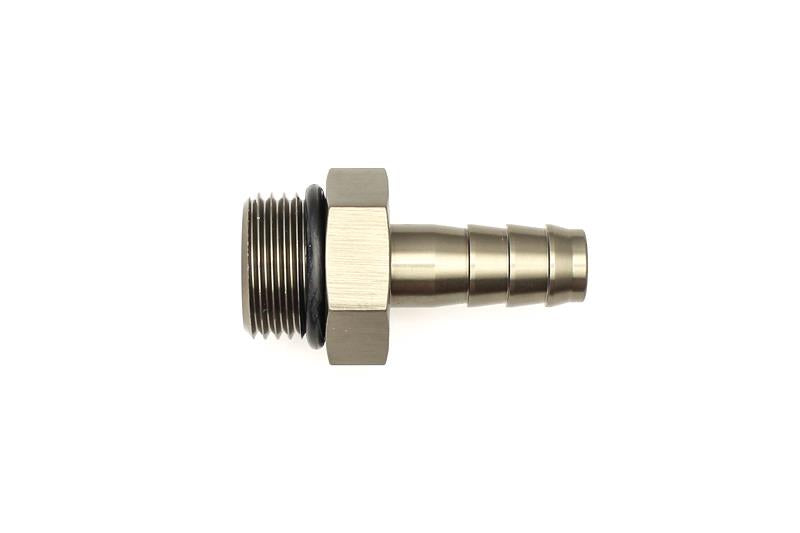 DeatschWerks 8AN ORB male to 3/8-inch male triple barb fitting with O-ring for fuel or oil lines.